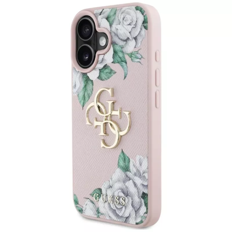 Guess Grained Roses Big 4G Logo Dėklas, skirtas Apple iPhone 16 - Rožinis