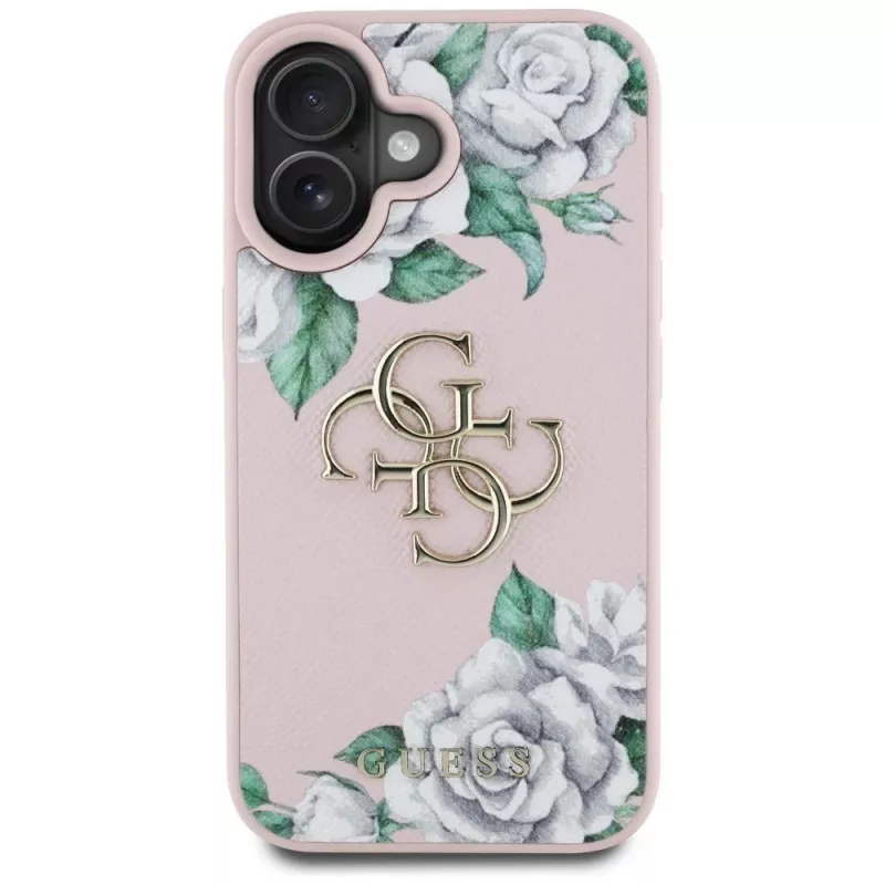 Guess Grained Roses Big 4G Logo Dėklas, skirtas Apple iPhone 16 - Rožinis