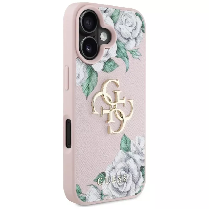Guess Grained Roses Big 4G Logo Dėklas, skirtas Apple iPhone 16 - Rožinis