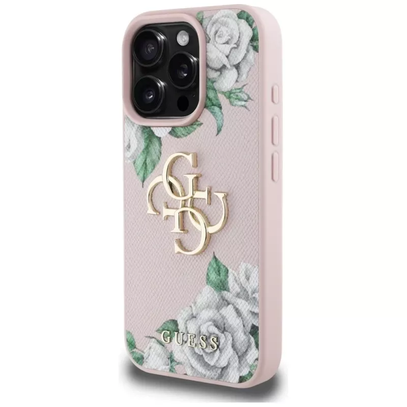 Guess Grained Roses Big 4G Logo Dėklas Apple iPhone 16 Pro, Rožinis
