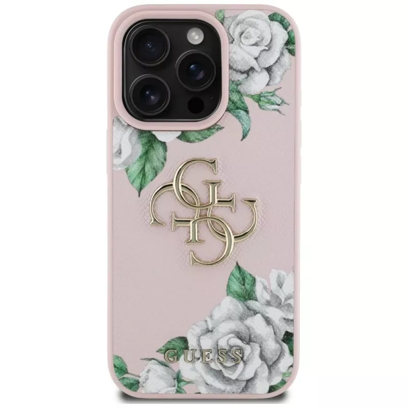 Guess Grained Roses Big 4G Logo Dėklas Apple iPhone 16 Pro, Rožinis