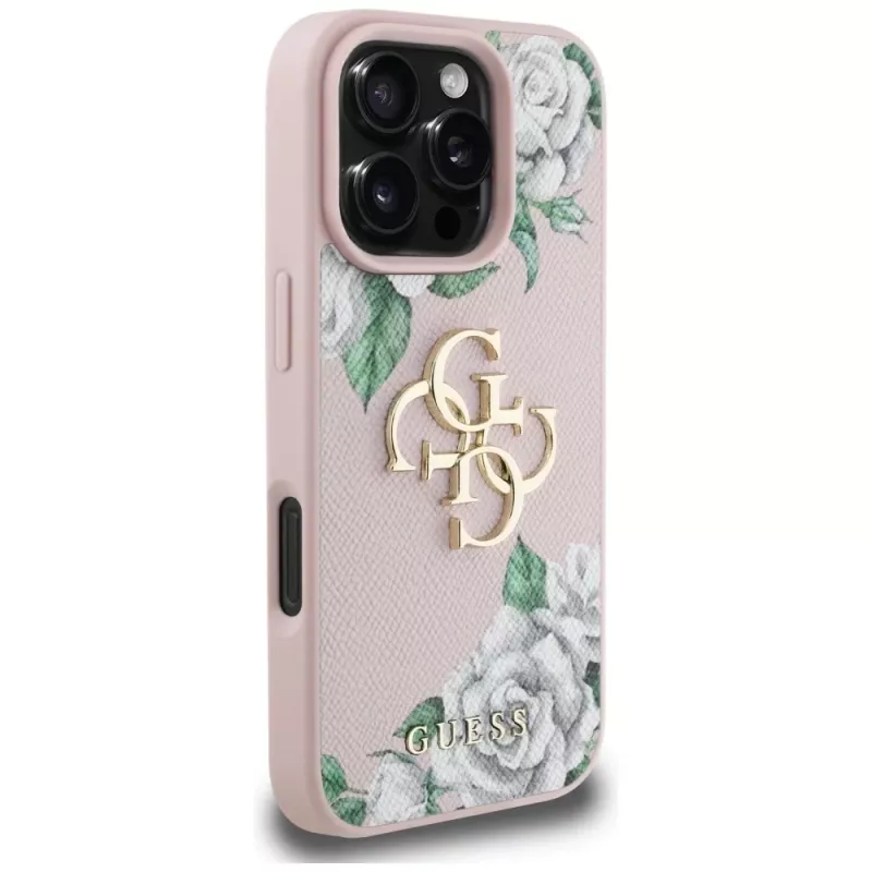Guess Grained Roses Big 4G Logo Dėklas Apple iPhone 16 Pro, Rožinis
