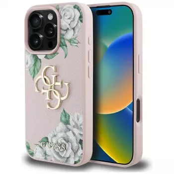 Guess Grained Roses Big 4G Logo Dėklas, skirtas iPhone 16 Pro Max - Rožinis