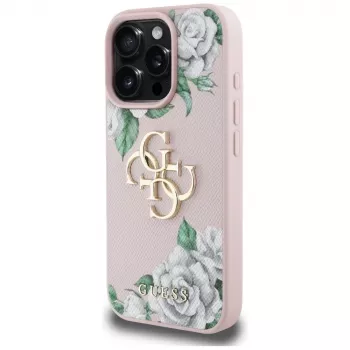 Guess Grained Roses Big 4G Logo Dėklas, skirtas iPhone 16 Pro Max - Rožinis