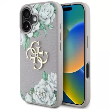 Guess Grained Roses Big 4G Logo Dėklas, skirtas Apple iPhone 16 – Violetinė