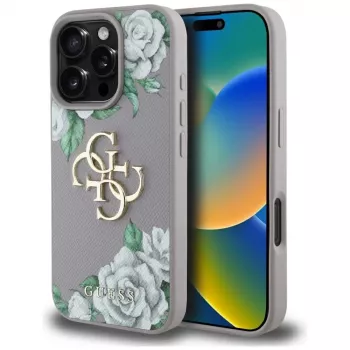 Guess Grained Roses Big 4G Logo Back Cover, skirta Apple iPhone 16 Pro – Violetinė