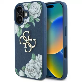 Guess Grained Roses Big 4G Logo Dėklas, skirtas Apple iPhone 16 - Mėlynas