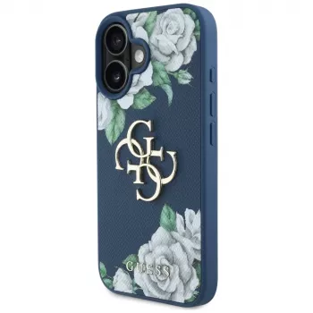Guess Grained Roses Big 4G Logo Dėklas, skirtas Apple iPhone 16 - Mėlynas