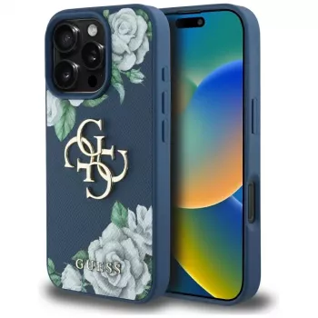 Guess Grained Roses Big 4G Logo Phone Case for iPhone 16 Pro Max, Blue