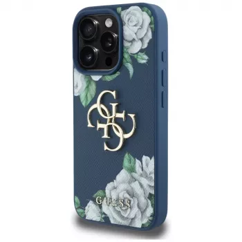 Guess Grained Roses Big 4G Logo Phone Case for iPhone 16 Pro Max, Blue