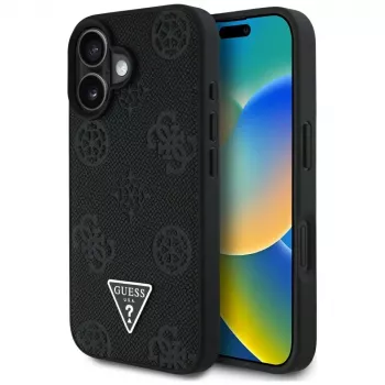 Guess Grained Hot Stamp Peony Triangle Logo MagSafe Dėklas, skirtas iPhone 16 (Juodas)