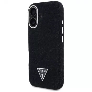 Guess Denim Triangle Logo MagSafe Dėklas, skirtas iPhone 16, Juodas