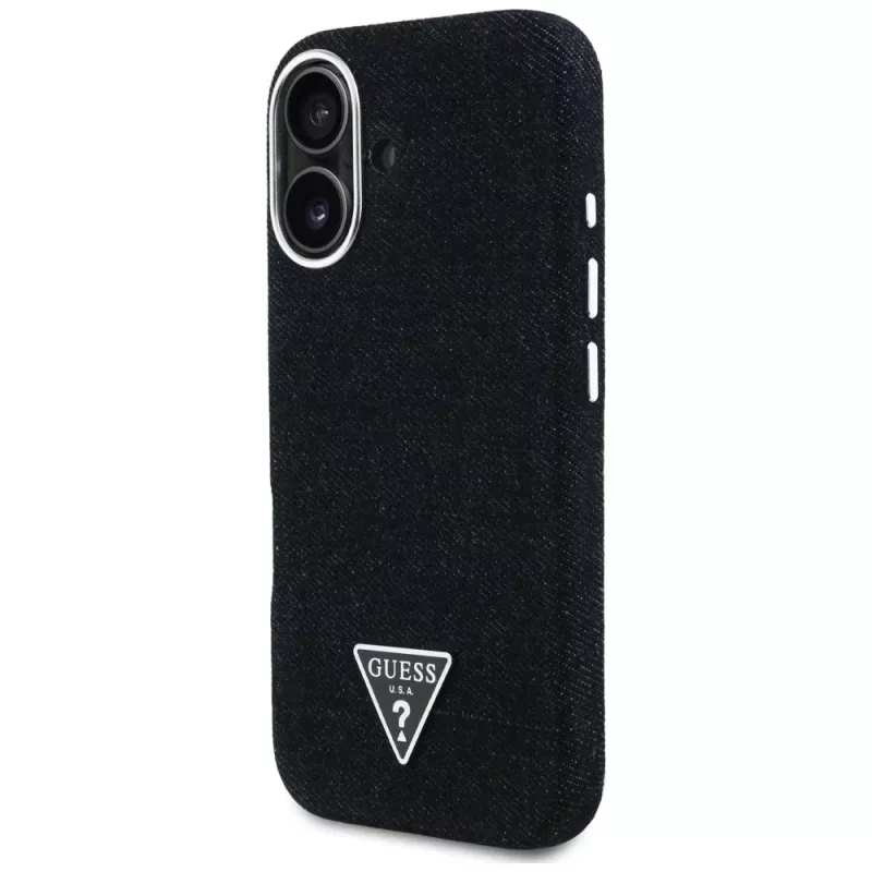 Guess Denim Triangle Logo MagSafe Dėklas, skirtas iPhone 16, Juodas