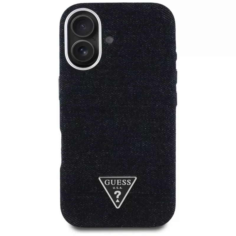 Guess Denim Triangle Logo MagSafe Dėklas, skirtas iPhone 16, Juodas
