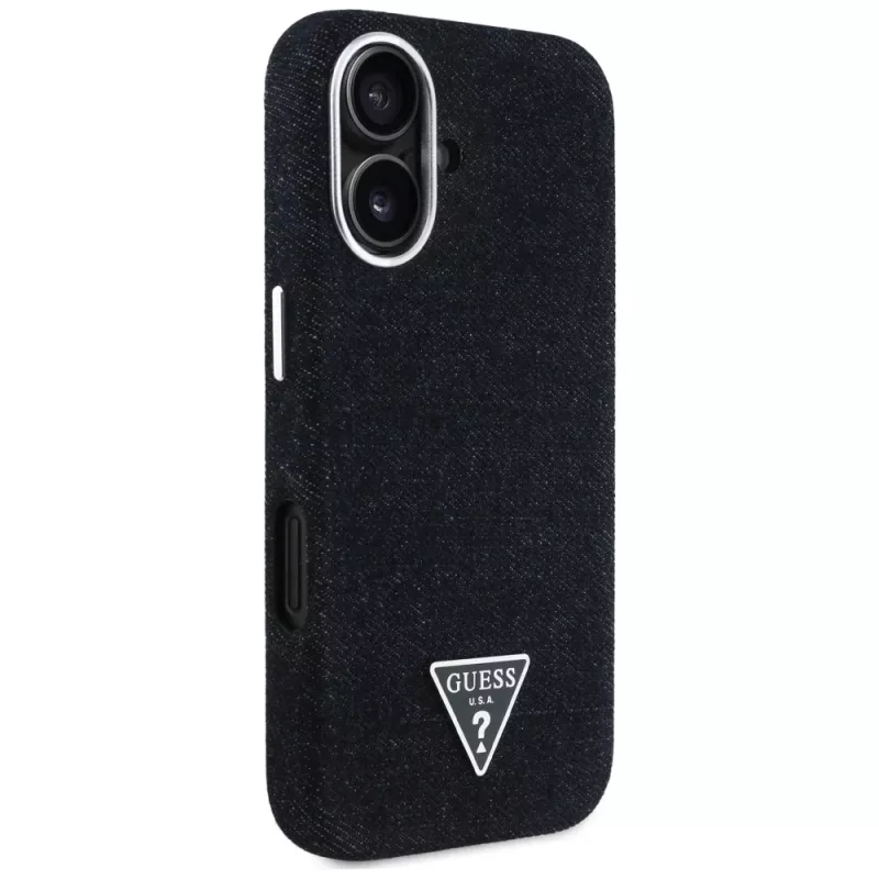Guess Denim Triangle Logo MagSafe Dėklas, skirtas iPhone 16, Juodas