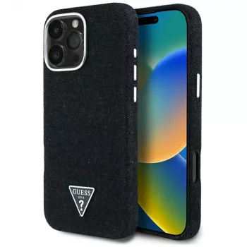 Guess Denim Triangle Logo MagSafe dėklas, skirtas Apple iPhone 16 Pro Max, juodas