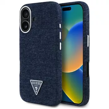 Guess Denim Triangle Logo MagSafe Dėklas, skirtas iPhone 16, Mėlynas