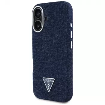 Guess Denim Triangle Logo MagSafe Dėklas, skirtas iPhone 16, Mėlynas