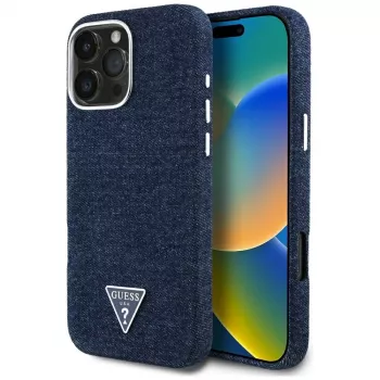 Guess Denim Triangle Logo MagSafe Case for iPhone 16 Pro Blue