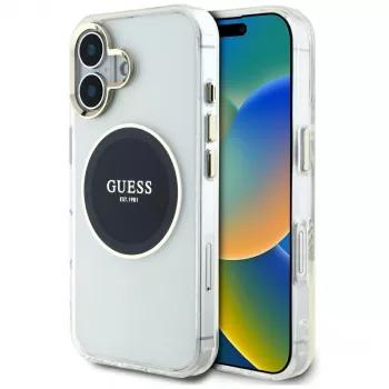 Guess IML Metal Colored Circle Classic Logo MagSafe Dėklas, skirtas iPhone 16 (Juodas)