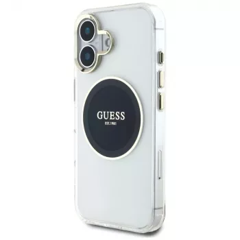 Guess IML Metal Colored Circle Classic Logo MagSafe Dėklas, skirtas iPhone 16 (Juodas)