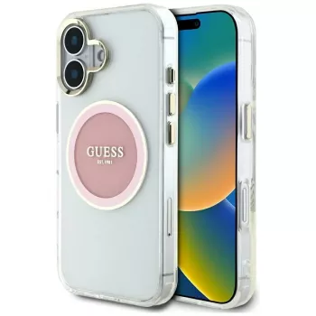Guess IML Metal Colored Circle Classic Logo MagSafe Case for iPhone 16 (Pink)