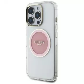 Guess IML Metal Colored Circle Classic Logo MagSafe Dėklas, skirtas iPhone 16 Pro (Rožinis)