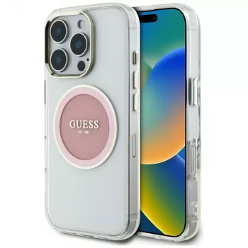 Guess IML Metal Colored Circle Classic Logo MagSafe Dėklas, skirtas iPhone 16 Pro Max (Rožinis)