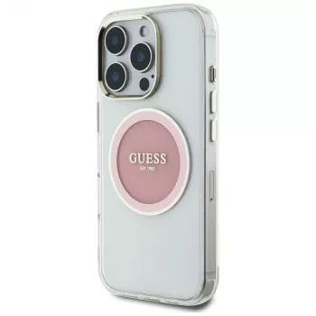 Guess IML Metal Colored Circle Classic Logo MagSafe Dėklas, skirtas iPhone 16 Pro Max (Rožinis)