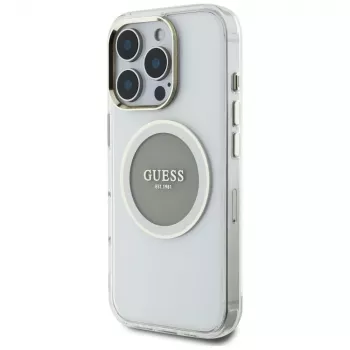 Guess IML Metal Colored Circle Classic Logo MagSafe Dėklas, skirtas iPhone 16 Pro (Pilka)