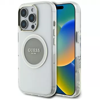 Guess IML Metal Colored Circle Classic Logo MagSafe Dėklas, skirtas iPhone 16 Pro Max (Pilka spalva)