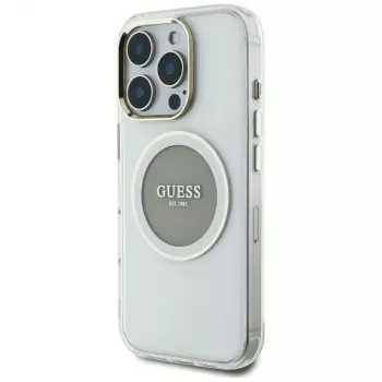 Guess IML Metal Colored Circle Classic Logo MagSafe Dėklas, skirtas iPhone 16 Pro Max (Pilka spalva)