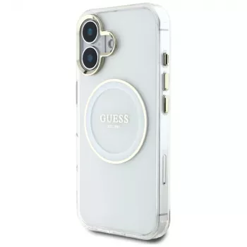 Guess IML Metal Colored Circle Classic Logo MagSafe Case for iPhone 16 (White)
