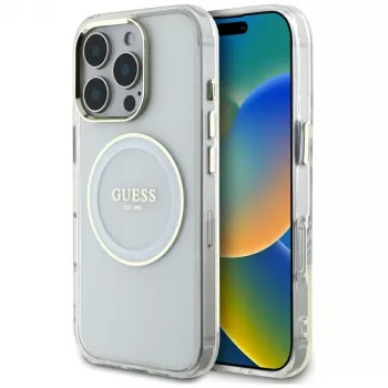 Guess IML Metal Colored Circle Classic Logo MagSafe Dėklas, skirtas iPhone 16 Pro (baltas)