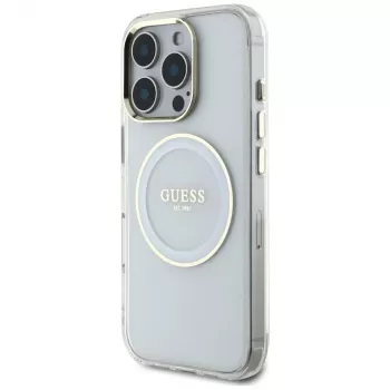 Guess IML Metal Colored Circle Classic Logo MagSafe Dėklas, skirtas iPhone 16 Pro (baltas)