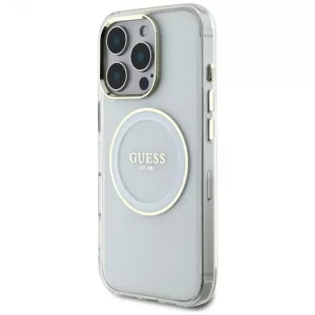 Guess IML Metal Colored Circle Classic Logo Dėklas su MagSafe, skirtas iPhone 16 Pro Max (Baltas)