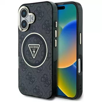 Guess IML Metal Glitter 4G Circle Triangle MagSafe Dėklas, skirtas Apple iPhone 16 (Juodas)