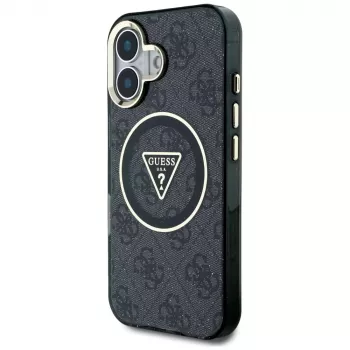 Guess IML Metal Glitter 4G Circle Triangle MagSafe Dėklas, skirtas Apple iPhone 16 (Juodas)