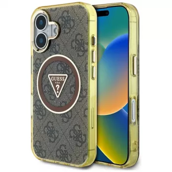 Guess IML Metal Glitter 4G Circle Triangle MagSafe Dėklas, skirtas iPhone 16 (Ruda)