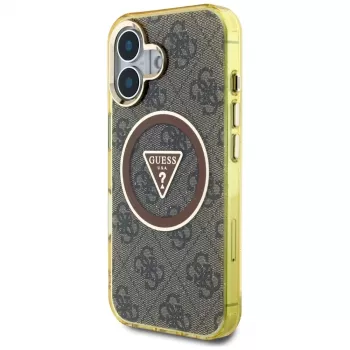 Guess IML Metal Glitter 4G Circle Triangle MagSafe Dėklas, skirtas iPhone 16 (Ruda)
