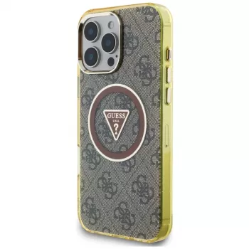 Guess IML Metal Glitter 4G Circle Triangle MagSafe Dėklas, skirtas iPhone 16 Pro (Ruda spalva)