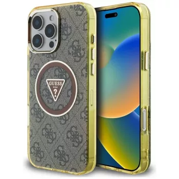 Guess IML Metal Glitter 4G Circle Triangle MagSafe Dėklas, skirtas iPhone 16 Pro Max (Ruda spalva)
