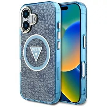 Guess IML Metal Glitter 4G Circle Triangle MagSafe Dėklas, skirtas iPhone 16 (Mėlyna)