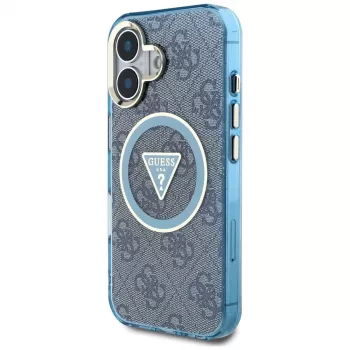Guess IML Metal Glitter 4G Circle Triangle MagSafe Dėklas, skirtas iPhone 16 (Mėlyna)