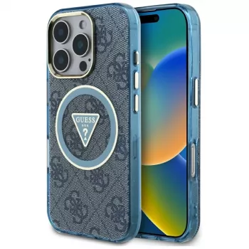 Guess IML Metal Glitter 4G Circle Triangle dėklas su MagSafe, iPhone 16 Pro Max (mėlynas)