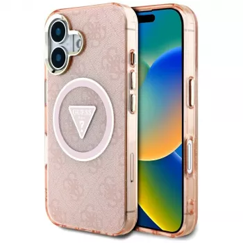 Guess IML Metal Glitter 4G Circle Triangle MagSafe Dėklas, skirtas iPhone 16 (Rožinis)