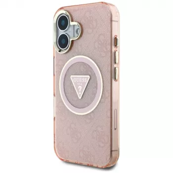 Guess IML Metal Glitter 4G Circle Triangle MagSafe Dėklas, skirtas iPhone 16 (Rožinis)