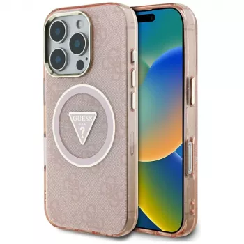 Guess IML Metal Glitter 4G Circle Triangle MagSafe Back Cover, skirta Apple iPhone 16 Pro (rožinė)