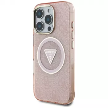 Guess IML Metal Glitter 4G Circle Triangle MagSafe Dėklas, skirtas Apple iPhone 16 Pro Max (Pink)
