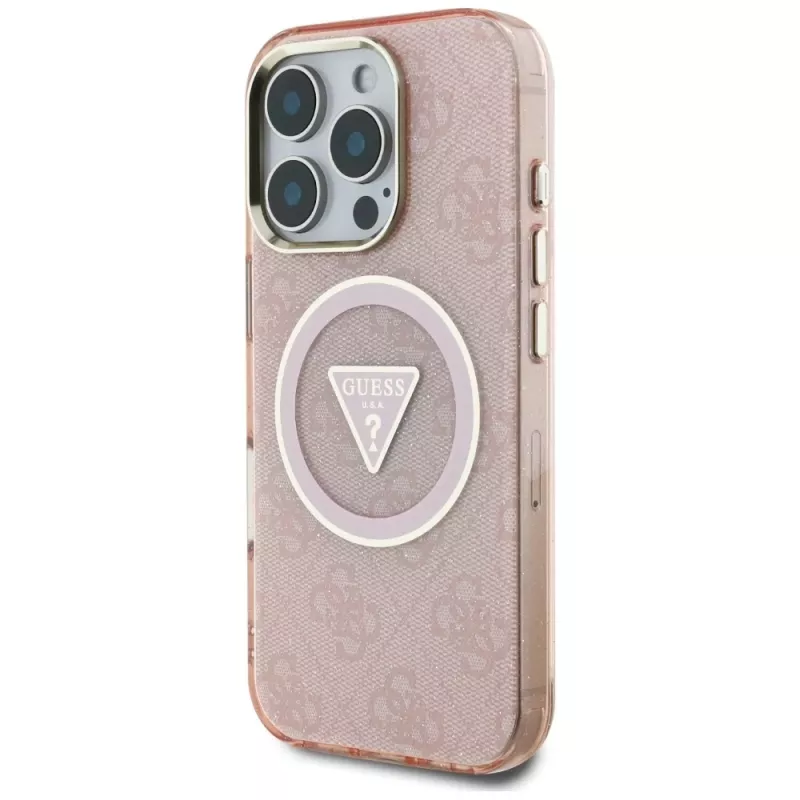 Guess IML Metal Glitter 4G Circle Triangle MagSafe Dėklas, skirtas Apple iPhone 16 Pro Max (Pink)
